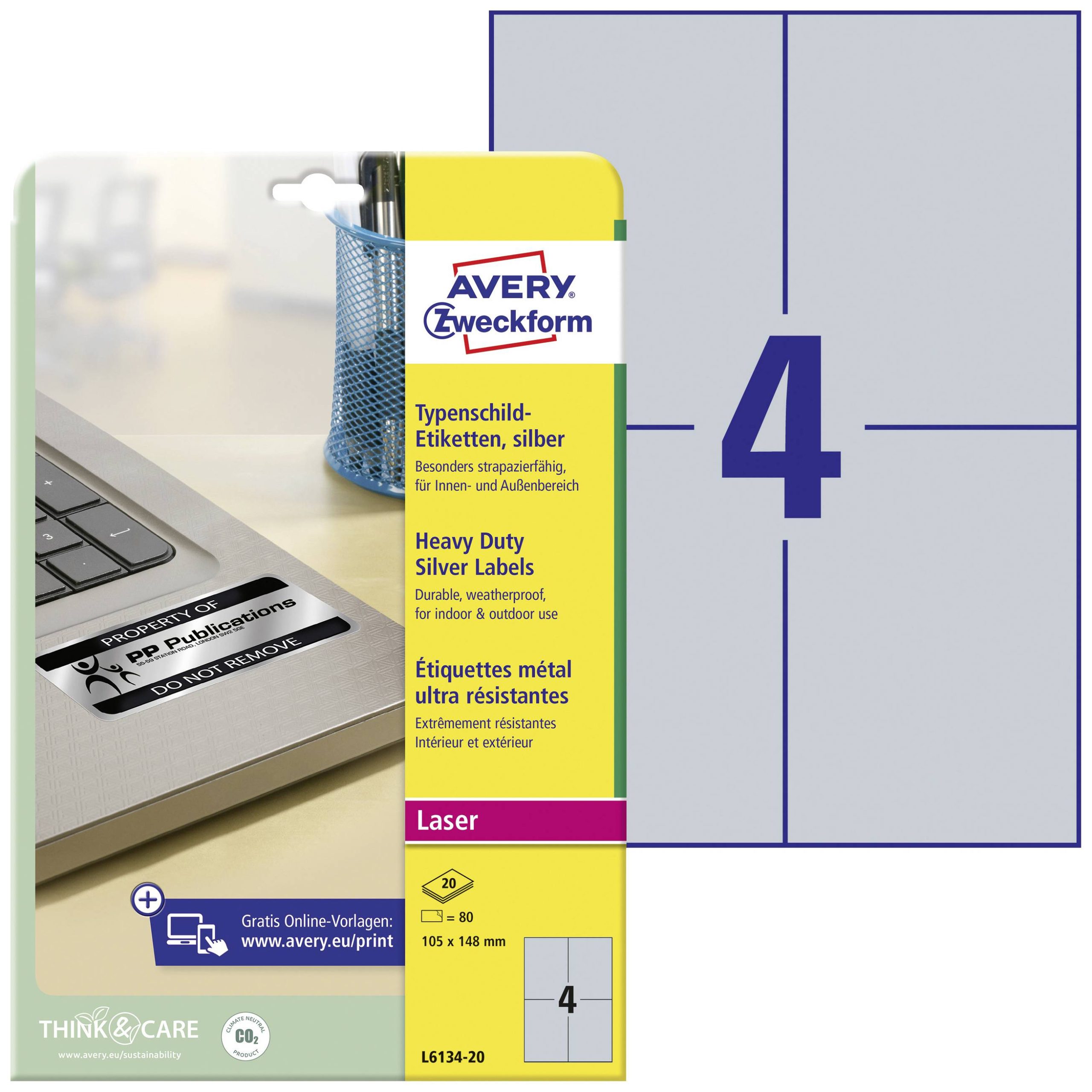 Avery-Zweckform L6134-20 Etiketten voor typeplaatjes 105 x 148 mm Polyester folie Zilver 80 stuk(s) Permanent hechtend L