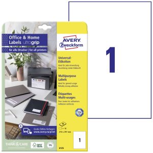 Avery-Zweckform 6125 Universele etiketten 210 x 297 mm Papier Wit 10 stuk(s) Permanent hechtend Inkjet, Laser (zwart/wit