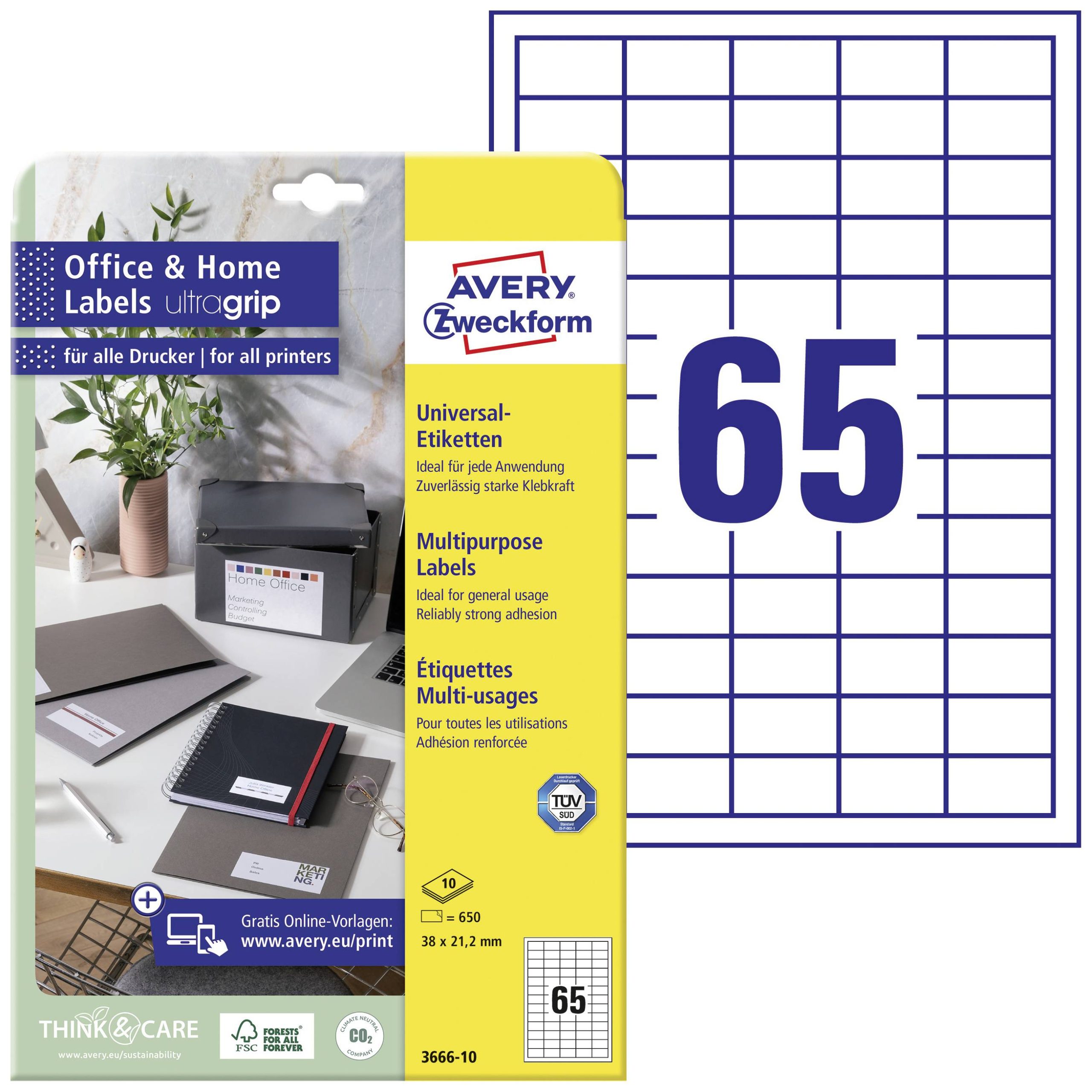 Avery-Zweckform 3666-10 Universele etiketten 38 x 21.2 mm Papier Wit 650 stuk(s) Permanent hechtend Inkjet, Laser (zwart