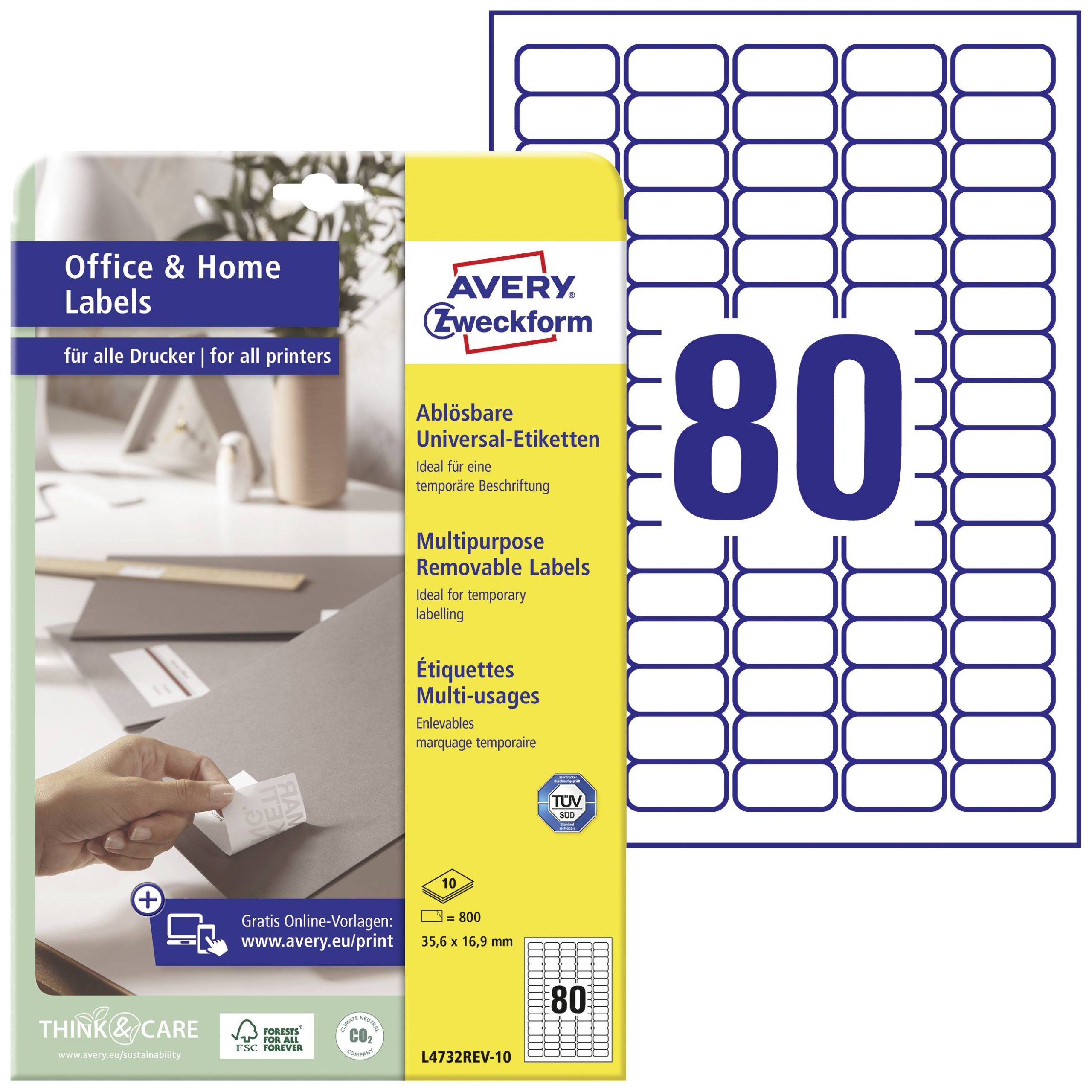 Avery-Zweckform L4732REV-10 Universele etiketten 35.6 x 16.9 mm Papier Wit 800 stuk(s) Weer verwijderbaar Inkjet, Laser
