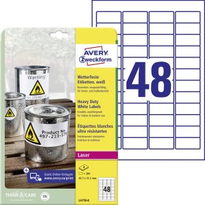 Avery-Zweckform L4778-8 Weerbestendige etiketten 45.7 x 21.2 mm Polyester folie Wit 384 stuk(s) Permanent hechtend Laser Avery-Zweckform L4778-8 Weerbestendige etiketten 45.7 x 21.2 mm Polyester folie Wit 384 stuk(s) Permanent hechtend Laser