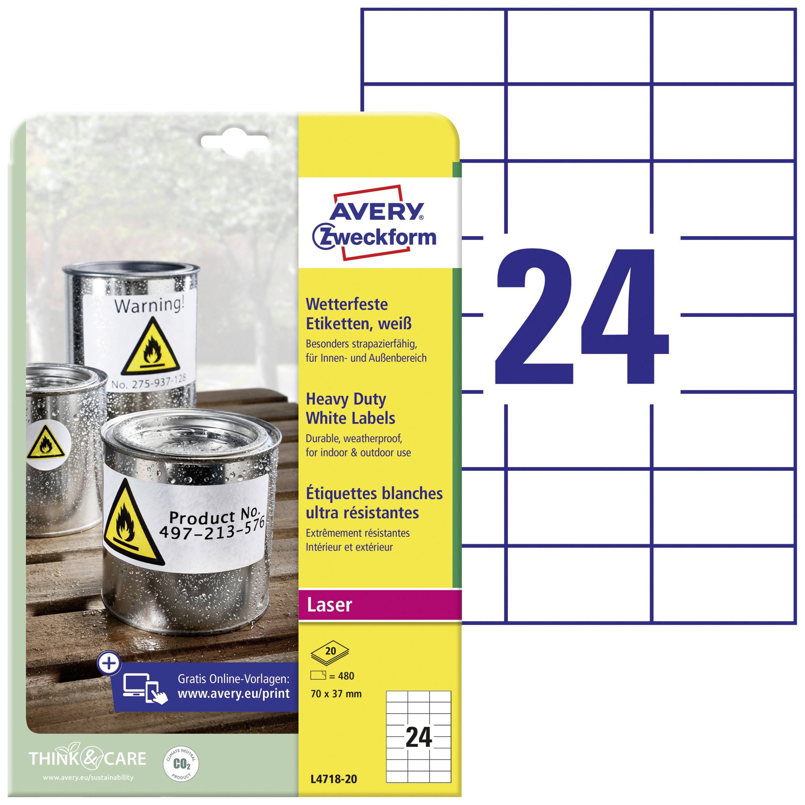 Avery-Zweckform L4718-20 Folie-etiketten 70 x 37 mm Polyester folie Wit 480 stuk(s) Permanent hechtend Laser (kleur), La