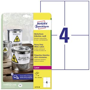 Avery-Zweckform L4719-20 Folie-etiketten 105 x 148 mm Polyester folie Wit 80 stuk(s) Permanent hechtend Laser (kleur), L Avery-Zweckform L4719-20 Folie-etiketten 105 x 148 mm Polyester folie Wit 80 stuk(s) Permanent hechtend Laser (kleur), L