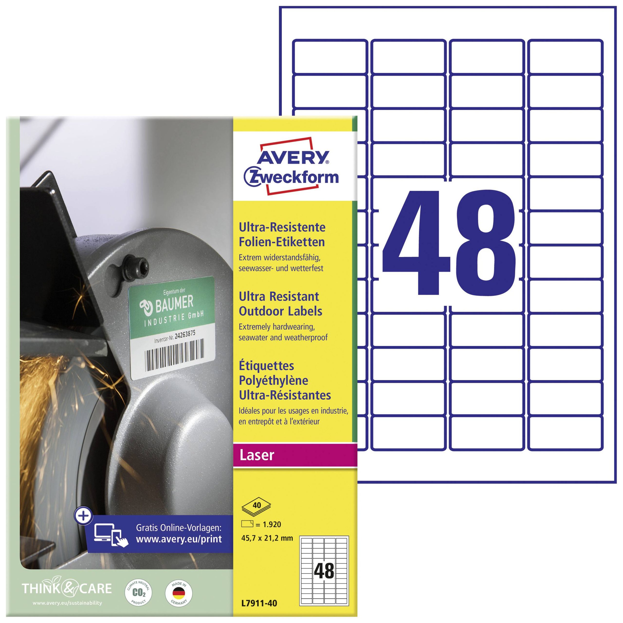 Avery-Zweckform L7911-40 Folie-etiketten 45.7 x 21.1 mm Polyethyleen folie Wit 1920 stuk(s) Permanent hechtend Laser (kl