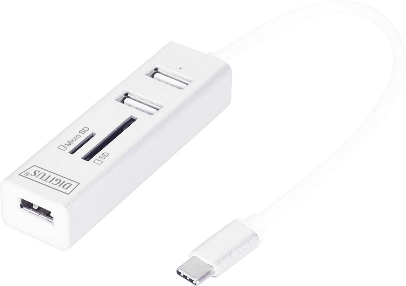 Digitus DA-70243 DA-70243 USB-hub 3 poorten USB-A, SD, Micro-SD USB 2.0 480 MBit/s Met USB-C stekker, Met aluminium behu
