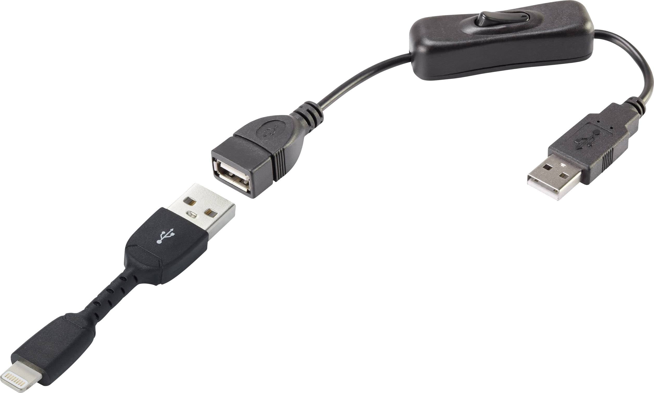 Renkforce RF-3346622 USB-kabel USB 2.0 USB-A stekker, Apple Lightning stekker 0.30 m Zwart Incl. aan/uitschakelaar, Verg