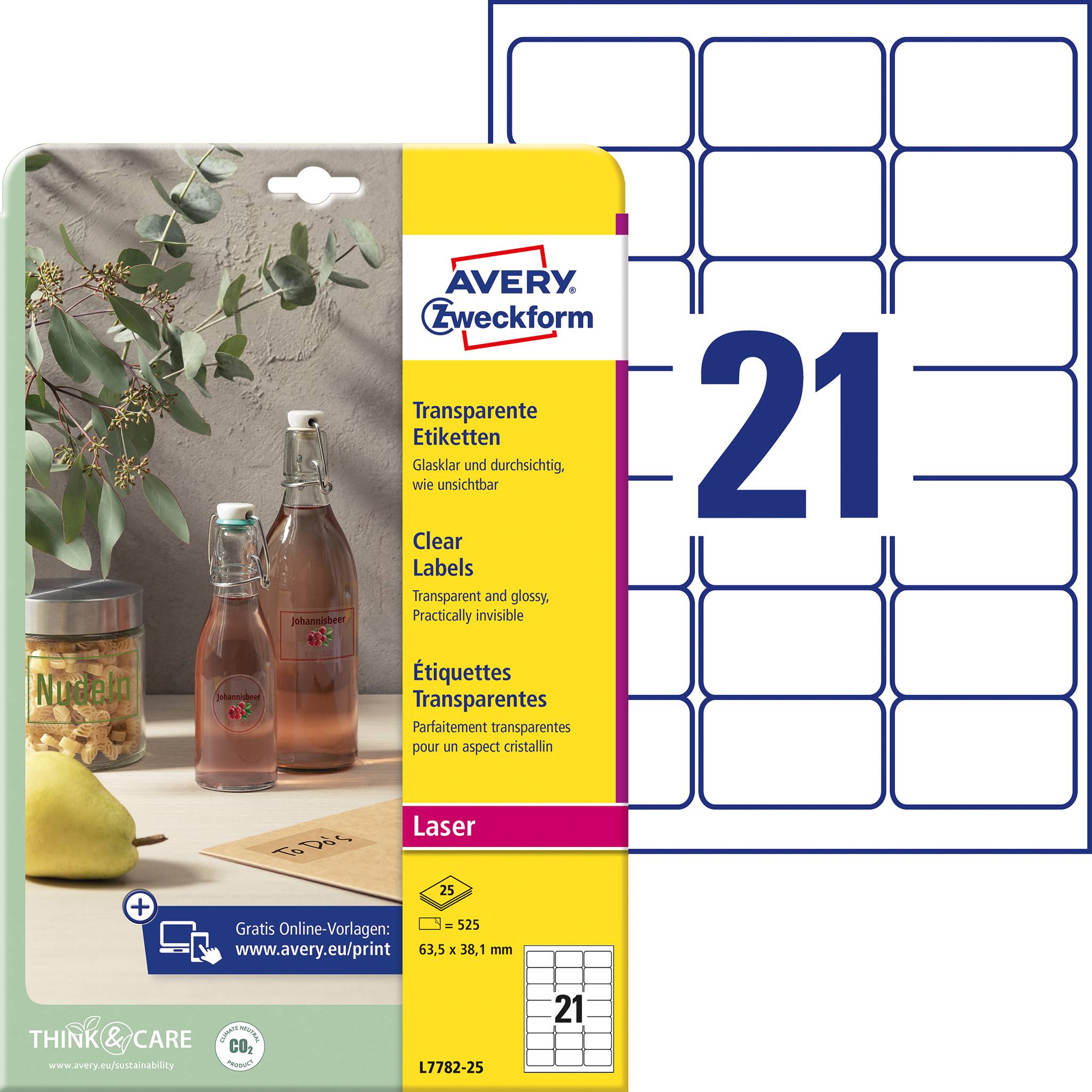 Avery-Zweckform L7782-25 Folie-etiketten 63.5 x 38.1 mm Polyester folie Transparant 525 stuk(s) Permanent hechtend Laser
