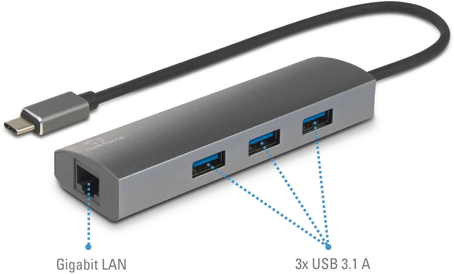 Renkforce Netwerkadapter/Hub 1 GBit/s USB-C 3.2 Gen 1, Gigabit-LAN (1 Gbit/s), USB-A 3.2 Gen 1