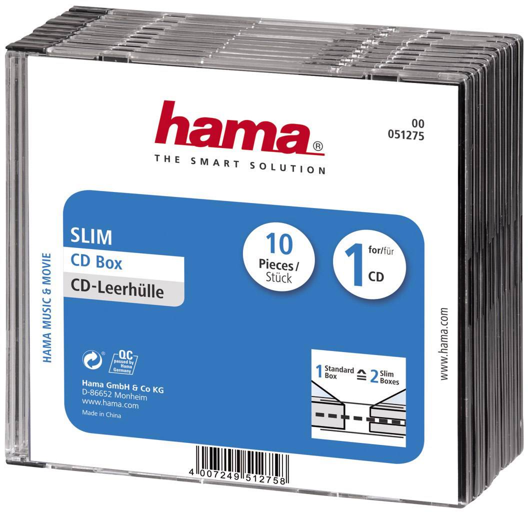 Hama 00051275 CD-hoes slim 1 CD/DVD/Blu-Ray Transparant, Zwart Polystereen 10 stuk(s)