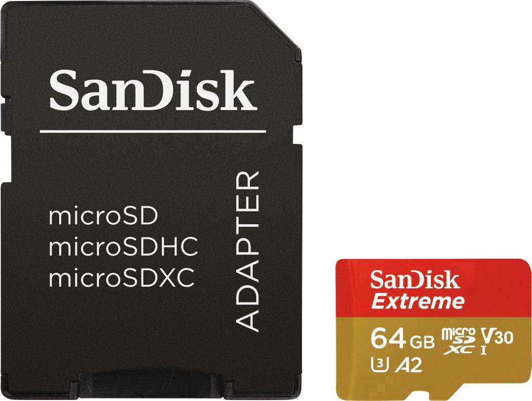 SanDisk Extreme™ microSDXC-kaart 64 GB Class 10, UHS-I, UHS-Class 3, v30 Video Speed Class A2-vermogensstandaard