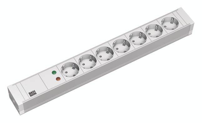 Bachmann 333.604 19 inch Stekkerdoos voor patchkast 1.5 HE Geaarde contactdoos Overspanningsbescherming Grijs-wit (RAL 7