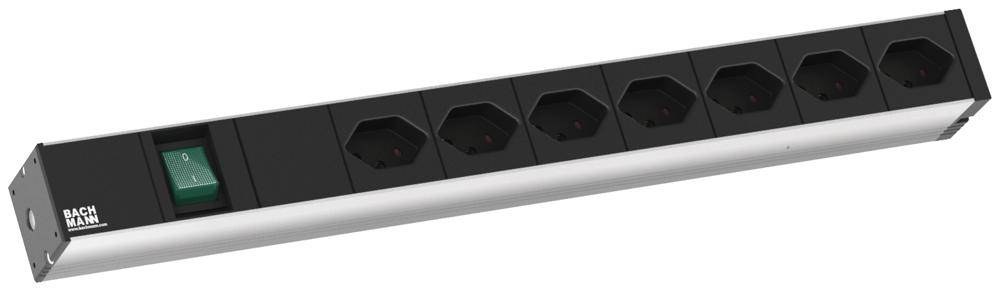 Bachmann 800.1263 19 inch Stekkerdoos voor patchkast 1 HE Contactdoos T13 Met schakelaar Zwart