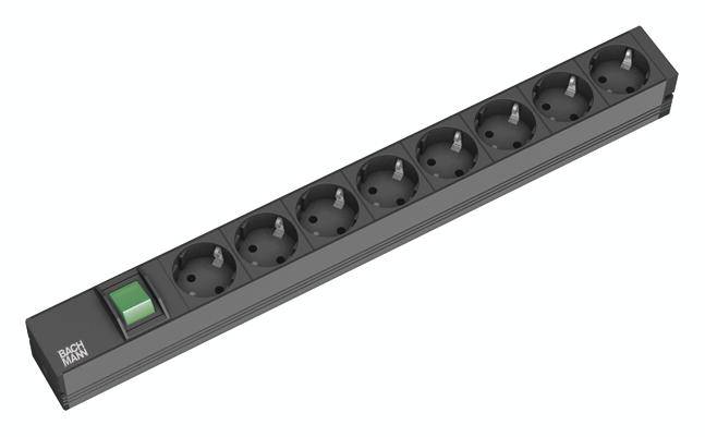 Bachmann 333.505 19 inch Stekkerdoos voor patchkast 1 HE Geaarde contactdoos Met schakelaar Zwart