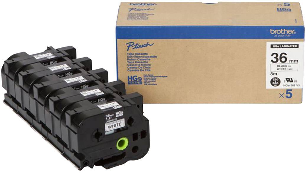 Brother HGe-261V5 Labeltape Set van 5 stuks Tapekleur: Wit Tekstkleur: Zwart 36 mm 8 m