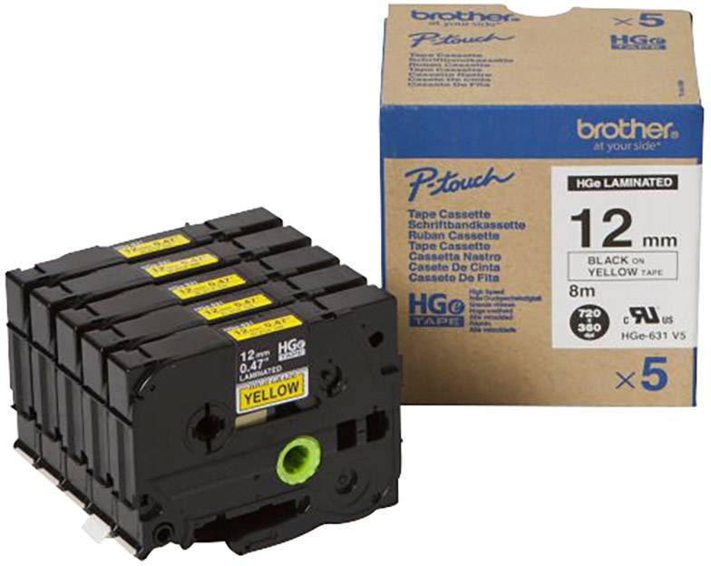 Brother HGe-631V5 Labeltape Set van 5 stuks Tapekleur: Geel Tekstkleur: Zwart 12 mm 8 m