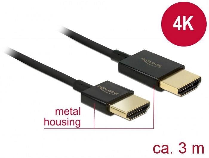 Delock 84774 HDMI-kabel HDMI Aansluitkabel HDMI-A-stekker, HDMI-A-stekker 3.00 m Zwart 4K UHD, Vergulde steekcontacten