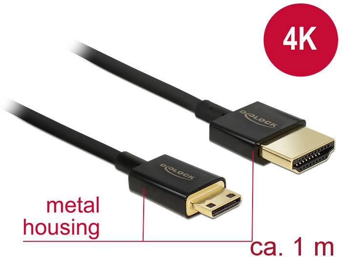 Delock 84776 HDMI-kabel HDMI Aansluitkabel HDMI-A-stekker, HDMI-mini-C-stekker 1.00 m Zwart 4K UHD, Vergulde steekcontac