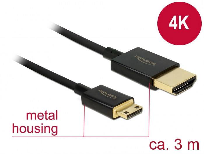 Delock 84779 HDMI-kabel HDMI Aansluitkabel HDMI-A-stekker, HDMI-mini-C-stekker 3.00 m Zwart 4K UHD, Vergulde steekcontac