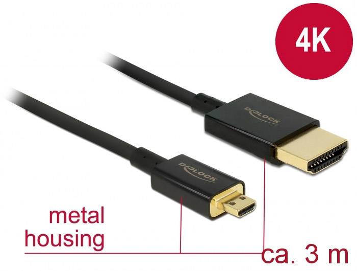 Delock 84784 HDMI-kabel HDMI Aansluitkabel HDMI-A-stekker, HDMI-micro-D-stekker 3.00 m Zwart 4K UHD, Vergulde steekconta
