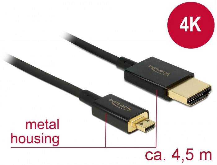 Delock 84785 HDMI-kabel HDMI Aansluitkabel HDMI-A-stekker, HDMI-micro-D-stekker 4.50 m Zwart 4K UHD, Vergulde steekconta