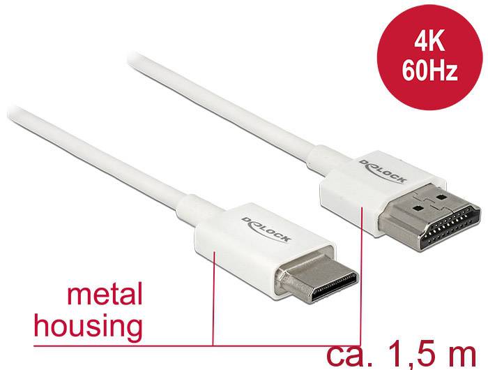 Delock 85143 HDMI-kabel HDMI Aansluitkabel HDMI-A-stekker, HDMI-mini-C-stekker 1.50 m Wit 4K UHD, Vergulde steekcontacte