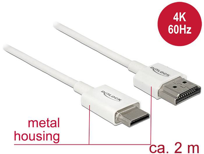 Delock 85144 HDMI-kabel HDMI Aansluitkabel HDMI-A-stekker, HDMI-mini-C-stekker 2.00 m Wit 4K UHD, Vergulde steekcontacte
