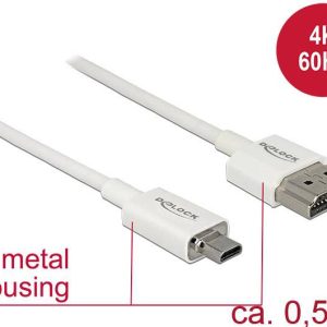Delock 85148 HDMI-kabel HDMI Aansluitkabel HDMI-A-stekker, HDMI-micro-D-stekker 0.50 m Wit 4K UHD, Vergulde steekcontact Delock 85148 HDMI-kabel HDMI Aansluitkabel HDMI-A-stekker, HDMI-micro-D-stekker 0.50 m Wit 4K UHD, Vergulde steekcontact