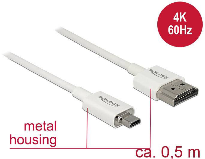 Delock 85148 HDMI-kabel HDMI Aansluitkabel HDMI-A-stekker, HDMI-micro-D-stekker 0.50 m Wit 4K UHD, Vergulde steekcontact