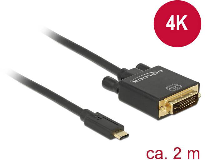 Delock 85321 USB-C-displaykabel USB-C / DVI Adapterkabel USB-C stekker, DVI-D 24+1-polige stekker 2.00 m Zwart Vergulde