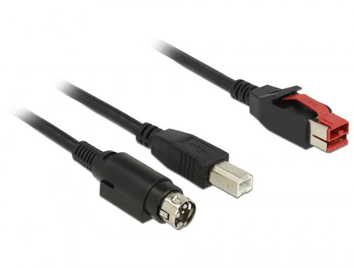 Delock 85487 USB-kabel USB 2.0 PoweredUSB 24V stekker, USB-B stekker, Hosiden mini-DIN-stekker 3-polig 1.00 m Zwart