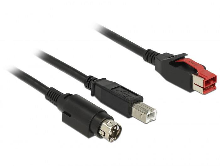 Delock 85490 USB-kabel USB 2.0 PoweredUSB 24V stekker, USB-B stekker, Hosiden mini-DIN-stekker 3-polig 4.00 m Zwart