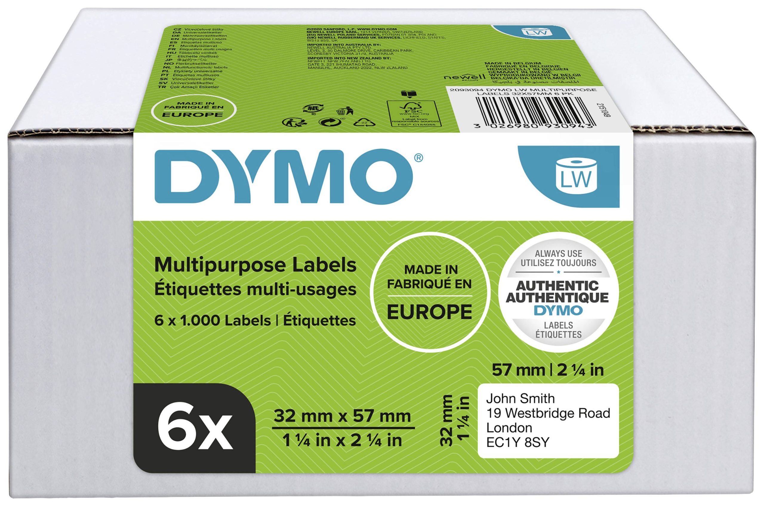DYMO 2093094 Rol met etiketten 57 x 32 mm Papier Wit 6000 stuk(s) Permanent hechtend Universele etiketten